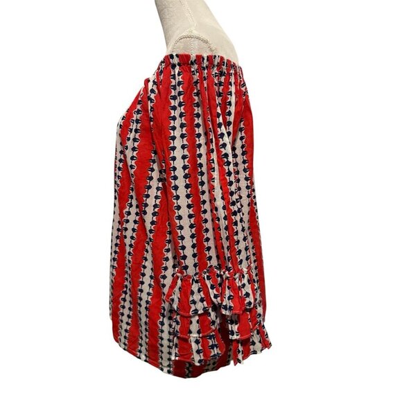 Roller Rabbit 3/4 Sleeve Red White and Blue Baggy Off the Shoulder Blouse Size L - Picture 9 of 16